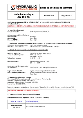 Erste Seite der Herstellerunterlage: Power Team HT_SDS_Hydraulic_Oil_AW_46_FR – Sicherheitsdatenblatt