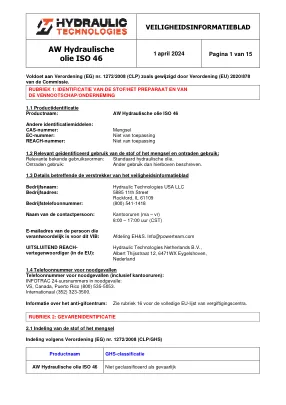 Erste Seite der Herstellerunterlage: Power Team HT_SDS_Hydraulic_Oil_AW_46_NL – Sicherheitsdatenblatt