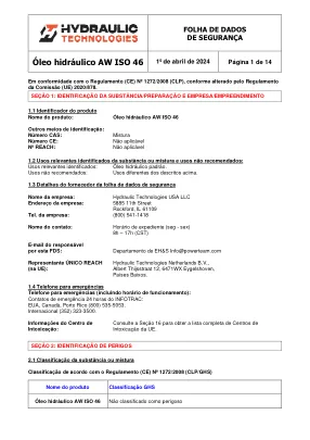 Erste Seite der Herstellerunterlage: Power Team HT_SDS_Hydraulic_Oil_AW_46_PT – Sicherheitsdatenblatt