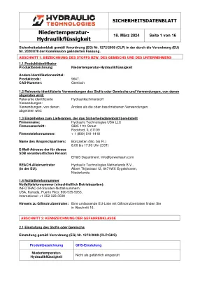 Première page de la documentation fabricant: Power Team HT_SDS_Low Temp Hydraulic Fluid_2024_DE – Fiche de données de sécurité