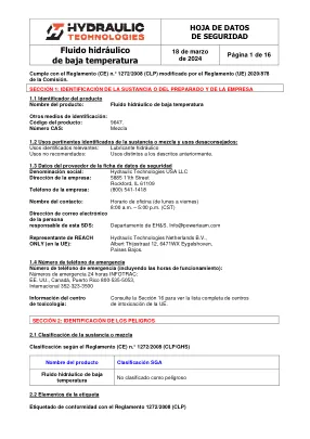Première page de la documentation fabricant: Power Team HT_SDS_Low Temp Hydraulic Fluid_2024_ES – Fiche de données de sécurité