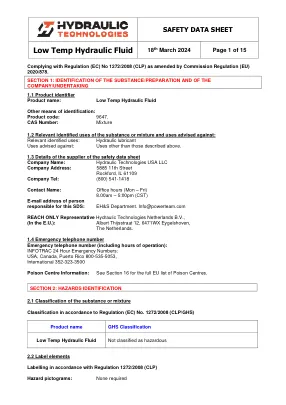 Première page de la documentation fabricant: Power Team HT_SDS_Low Temp Hydraulic Fluid_2024_EU – Fiche de données de sécurité