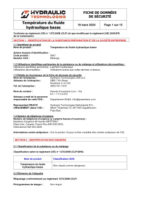 Première page de la documentation fabricant: Power Team HT_SDS_Low Temp Hydraulic Fluid_2024_FR – Fiche de données de sécurité