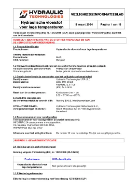 Première page de la documentation fabricant: Power Team HT_SDS_Low Temp Hydraulic Fluid_2024_NL – Fiche de données de sécurité