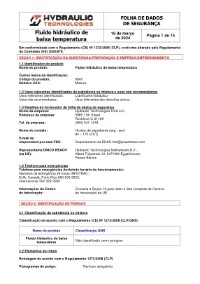 Première page de la documentation fabricant: Power Team HT_SDS_Low Temp Hydraulic Fluid_2024_PT – Fiche de données de sécurité