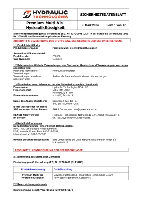 Première page de la documentation fabricant: Power Team HT_SDS_Premium_Multi-Vis_Hydraulic_Fluid_2024_DE – Fiche de données de sécurité