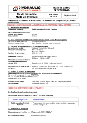 Première page de la documentation fabricant: Power Team HT_SDS_Premium_Multi-Vis_Hydraulic_Fluid_2024_ES – Fiche de données de sécurité