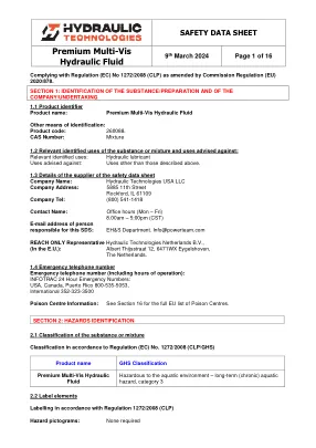 Première page de la documentation fabricant: Power Team HT_SDS_Premium_Multi-Vis_Hydraulic_Fluid_2024_EU – Fiche de données de sécurité
