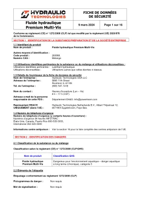 Première page de la documentation fabricant: Power Team HT_SDS_Premium_Multi-Vis_Hydraulic_Fluid_2024_FR – Fiche de données de sécurité
