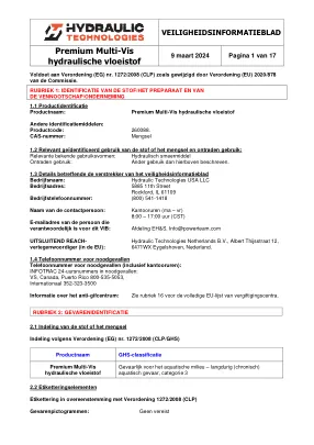 Première page de la documentation fabricant: Power Team HT_SDS_Premium_Multi-Vis_Hydraulic_Fluid_2024_NL – Fiche de données de sécurité