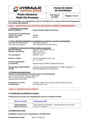 Première page de la documentation fabricant: Power Team HT_SDS_Premium_Multi-Vis_Hydraulic_Fluid_2024_PT – Fiche de données de sécurité